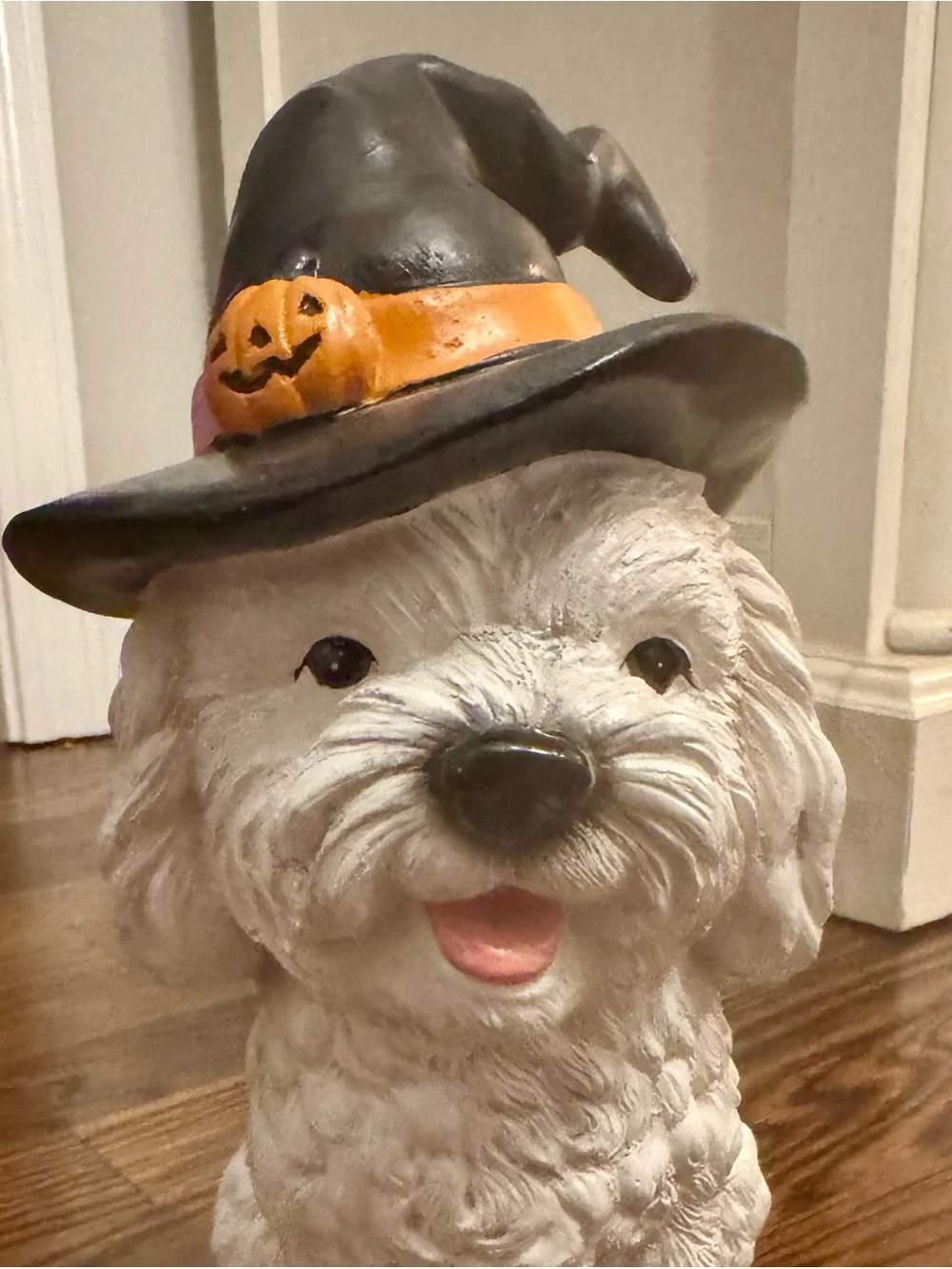 White Maltese Halloween Dog Statue with Black Witch Hat